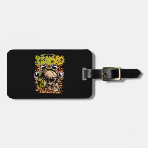 Vector listening skull with text illustration luggage tag