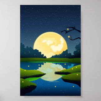 Vector Moonlight Night Time Landscape Background Poster