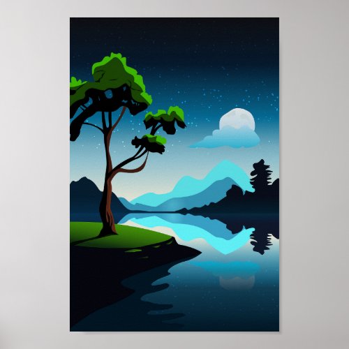 Vector Moonlight Starry Night Lakeview Background Poster