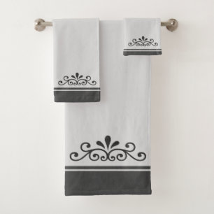 Vector Ornament & Gray Stripes on Light Silver Bat Bath Towel Set