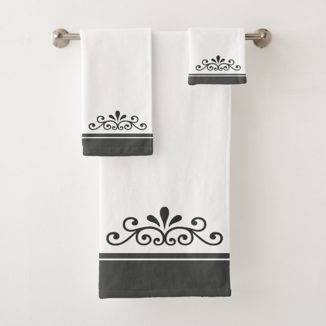 Vector Ornament & Gray Stripes on White Bath Towel (Insitu)