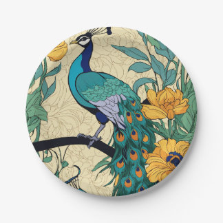vector, seamless pattern featuring peacock printed paper plates