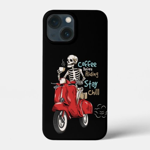 Vector skeleton ride a scooter with a cup of coffe iPhone 13 mini case