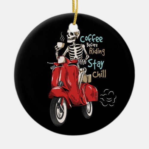 Vector skeleton ride a scooter with a cup of coffe ceramic ornament