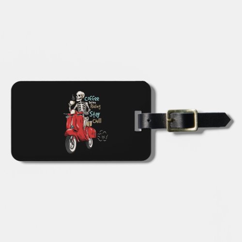 Vector skeleton ride a scooter with a cup of coffe luggage tag