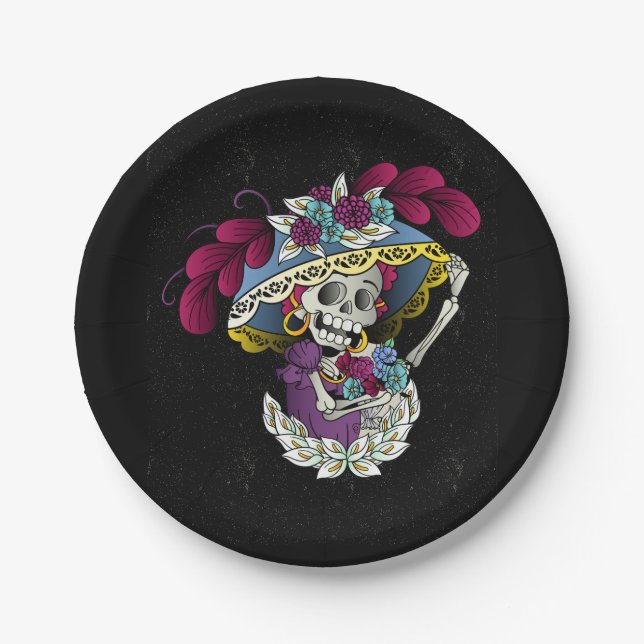 Vector skull mexican catrina paper plates (Front)