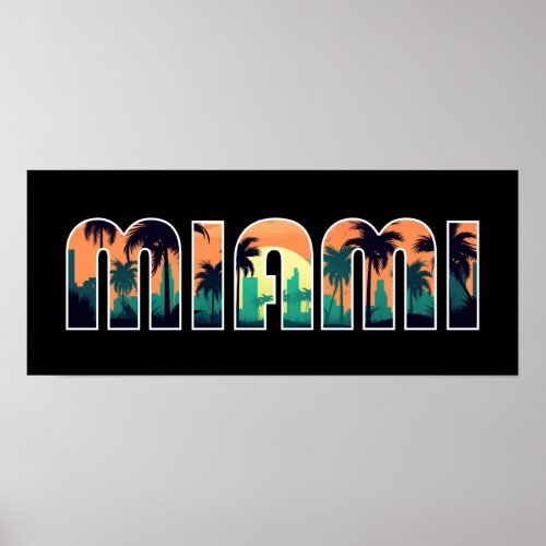 Vector sunset scene over MIAMI lettering Poster