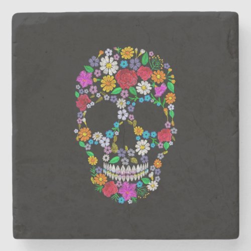 Vector vintage embroidered flower skull muertos d stone coaster