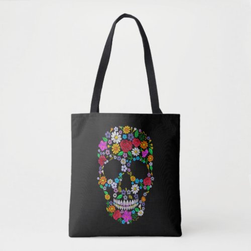 Vector vintage embroidered flower skull muertos d tote bag