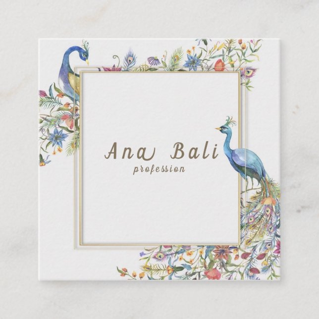 Vector watercolor peacocks flowers illustration square business card (Front)
