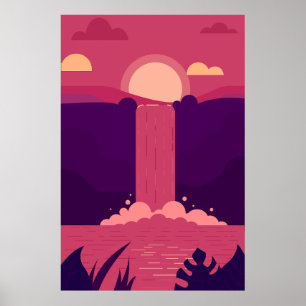 Vector Waterfall Background at Sunset Poster
