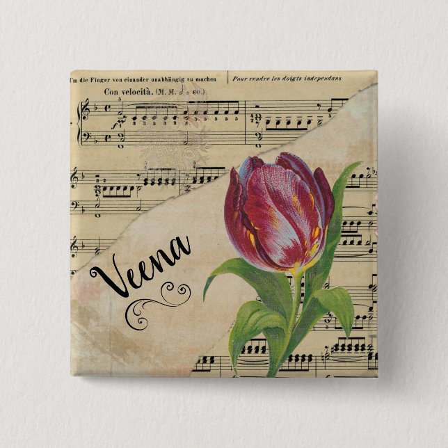 Veena Elegant Tulip Vintage Sheet Music Button (Front)