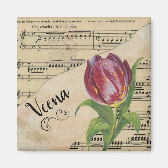Veena Elegant Tulip Vintage Sheet Music Magnet (Front)