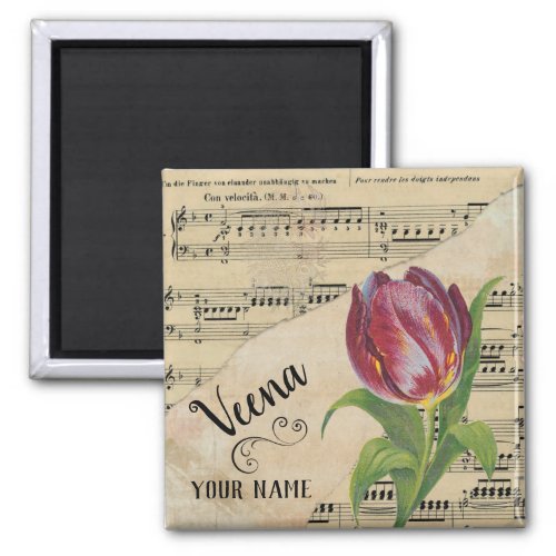 Veena Tulip Vintage Sheet Music Customized Square Magnet