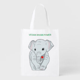 Vegan Brain Power Elephant Holding a Heart Grocery Bag