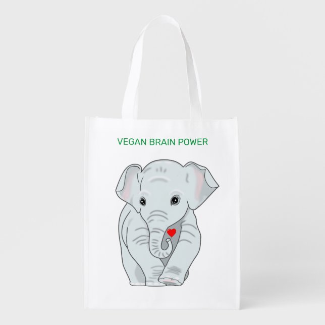 Vegan Brain Power Elephant Holding a Heart Grocery Bag (Front)