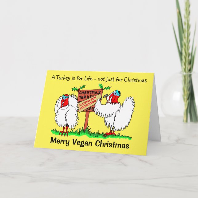 Vegan Cartoon Turkeys Lockdown Christmas Holiday Card (Front)