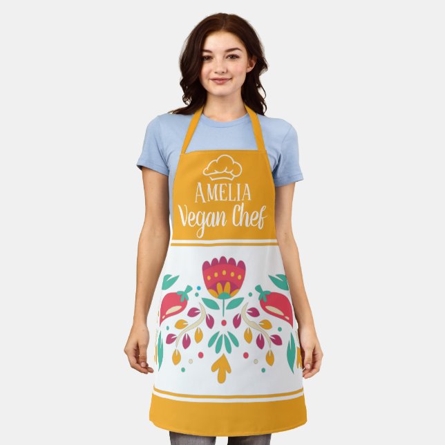 Vegan Chef hat floral bright yellow colorful Apron (Worn)