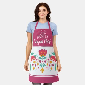 Vegan Chef hat floral fuchsia rose colorful Apron