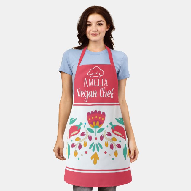 Vegan Chef hat floral radical red colorful Apron (Worn)