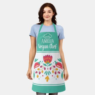 Vegan Chef hat floral sea green colorful Apron