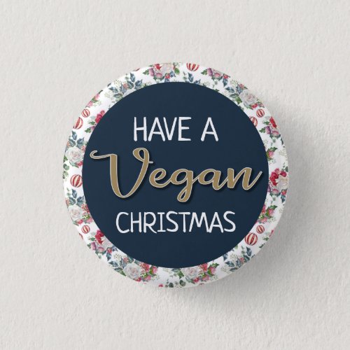 Vegan Christmas retro blue and gold wintry floral Button