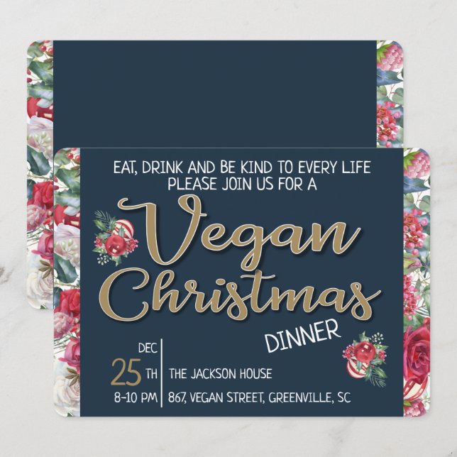 Vegan Christmas retro blue and gold wintry floral Invitation (Front/Back)