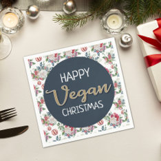 Vegan Christmas Retro Blue And Gold Wintry Floral Napkins at Zazzle