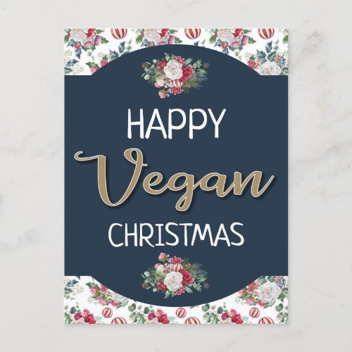 Vegan Christmas retro blue and gold wintry floral Postcard