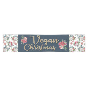 Vegan Christmas retro blue and gold wintry floral Short Table Runner
