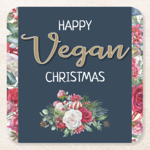 Vegan Christmas retro blue and gold wintry floral Square Paper Coaster