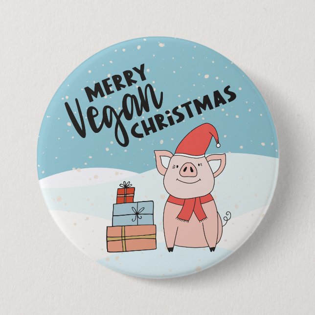 Vegan Christmas with cartoon piglet and presents Button (Front)