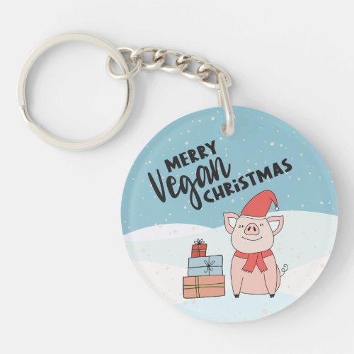 Vegan Christmas with cartoon piglet and presents Keychain