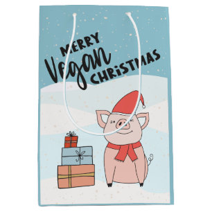Vegan Christmas with cartoon piglet and presents Medium Gift Bag
