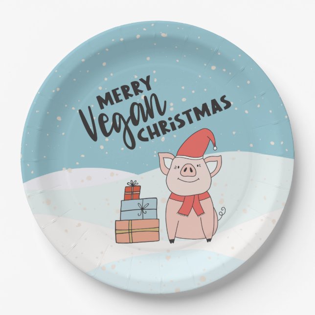 Vegan Christmas with cartoon piglet and presents Paper Plates (Front)