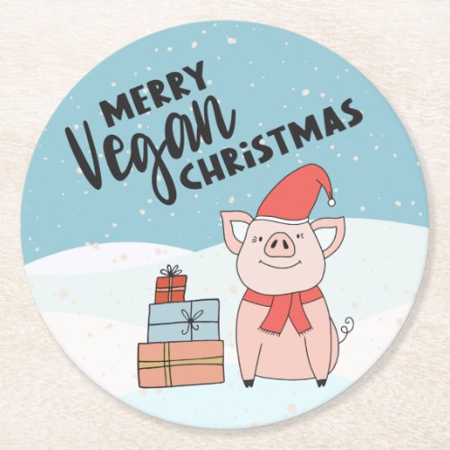 Vegan Christmas with cartoon piglet and presents Round Paper Coaster