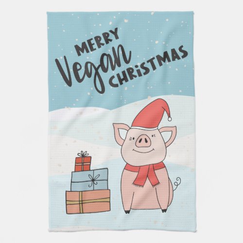 Vegan Christmas with cartoon piglet and snowflakes Kitchen Towel