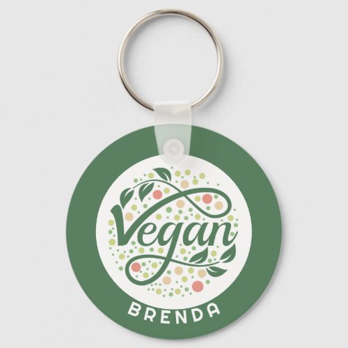 Vegan Creative Typography With Green Leaves Keychain