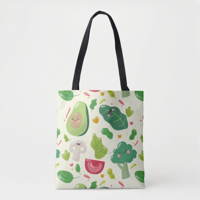 Vegan cute cartoon vegetable characters pattern tote bag (Front)