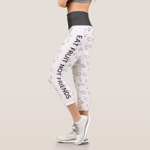 Vegan Eat fruit not friends white cartoon animals Capri Leggings