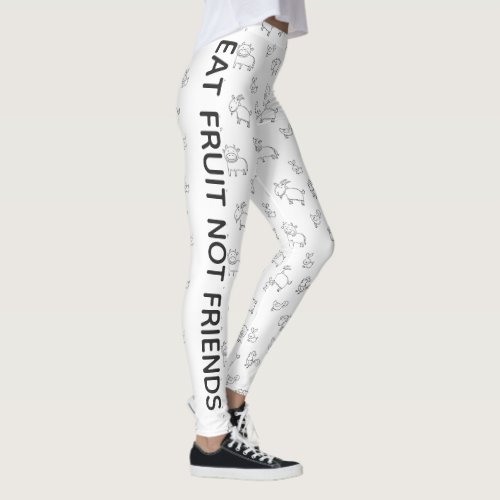 Vegan Eat fruit not friends white cartoon animals Leggings