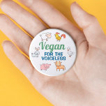 Vegan for the voiceless white cute cartoon animals button<br><div class="desc">This "Vegan for the voiceless" badge features six cute farm animals (sheep,  rooster,  rabbit,  goose,  pig,  and cow) with green and classic blue wordings on a white background.
It makes the perfect gift for everyone who lives a compassionate meatless life.</div>