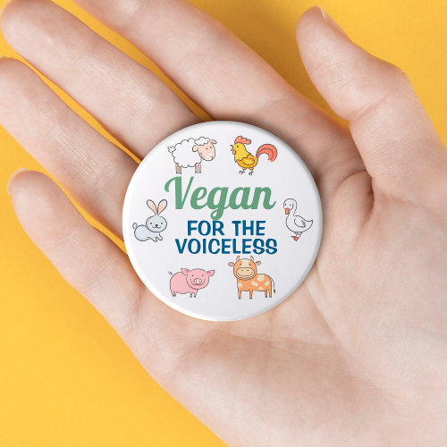 Vegan for the voiceless white cute cartoon animals button