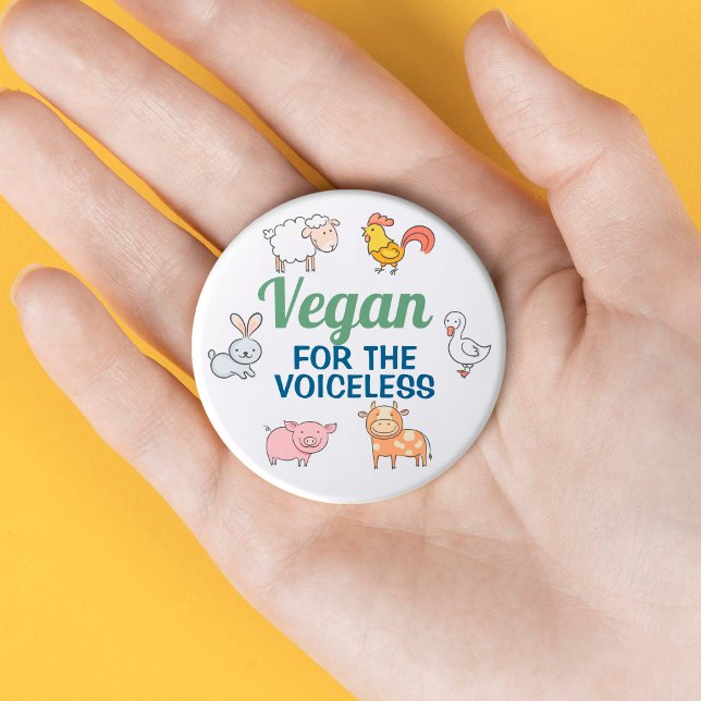 Vegan for the voiceless white cute cartoon animals button (Creator Uploaded)