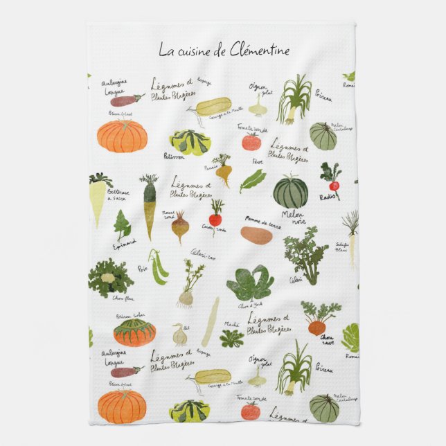 Vegan french kitchen art watercolor veggies kitchen towel (Vertical)