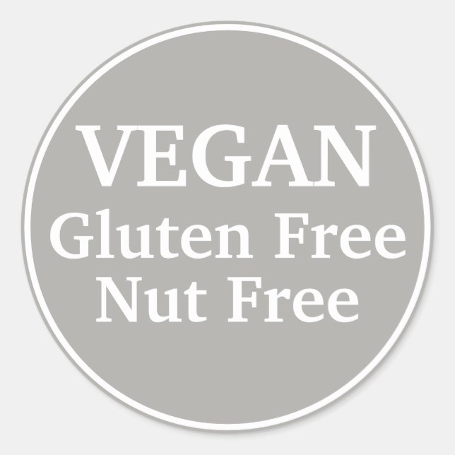 Vegan. Gluten Free. Nut-Free. Gray. Personalized Classic Round Sticker (Front)