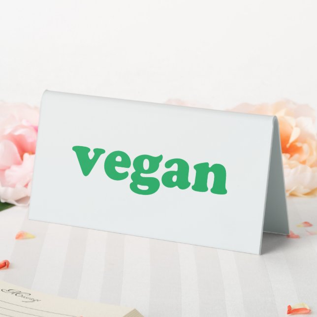 "vegan" green letters, white background table tent (In SItu (Wedding))