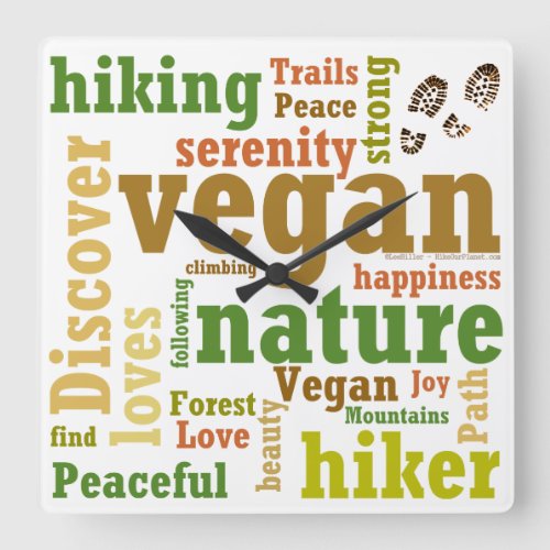 Vegan Hiker Hiking Word Cloud Square Wall Clock