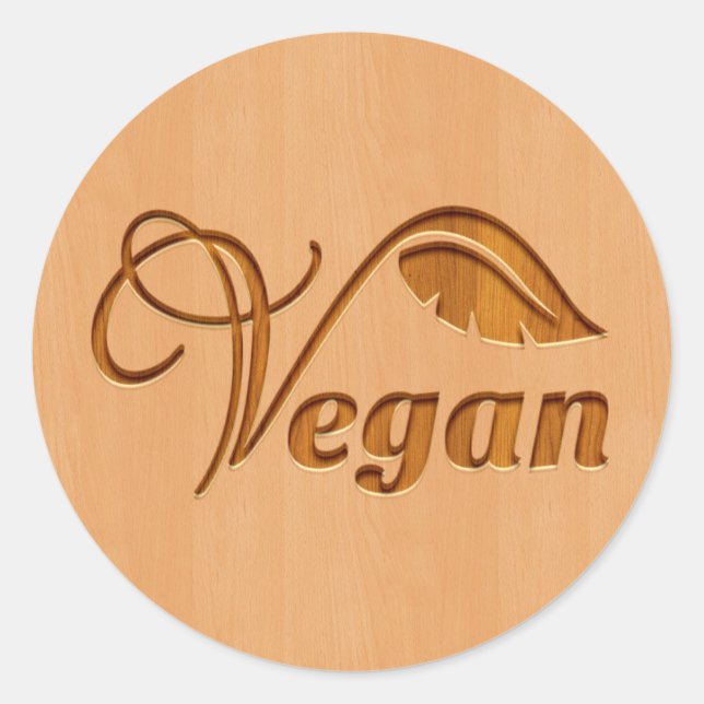 Vegan logo carved in wood effect classic round sticker (Front)