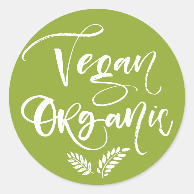 Vegan Organic Rustic Modern Calligraphy Green Classic Round Sticker (Front)